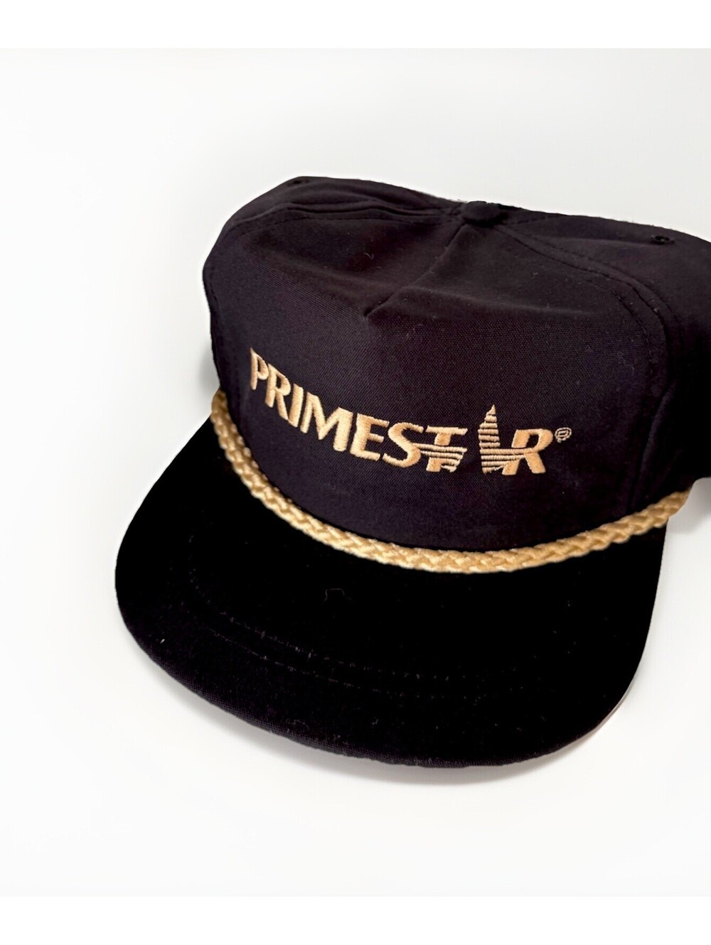 Vintage Primestar Hat LaMode Made in USA Gold Rope NOS Y2K Black TV Trucker